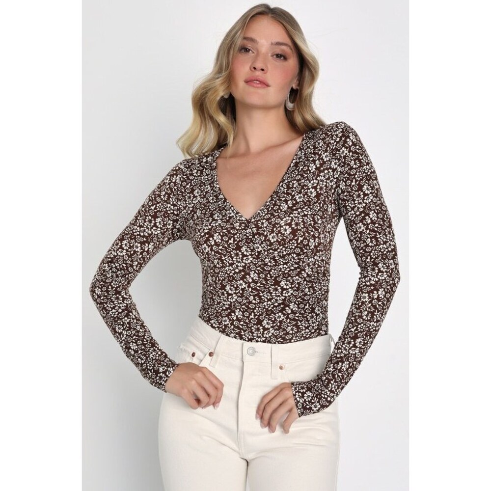 Lulus Always So Perfect Brown Floral Print Surplice Long Sleeve Top - Size S